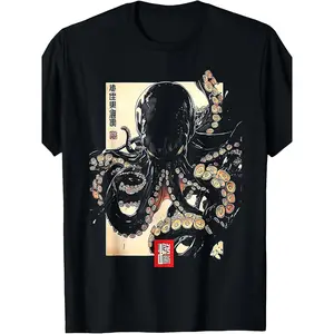 Dark Octopus Japanese Art Print T-Shirt Same Style for Men and Women 2025 Summer Short-sleeved Printed T-shirt Pure 220G