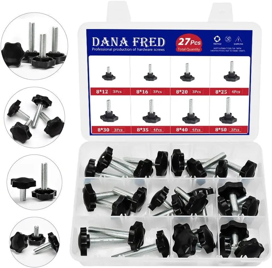 27 Pieces Star Knobs Screw Kit M8 Nylon Black Plastic Replacement Star Hand Knobs with Steel Tightening Screws Standard Metric Handle Thread Stud Bolt Hardware M8x12/16/20/25/30/35/40/50 mm