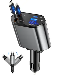 Retractable Car Charger, 4 in 1 Fast Charging Car Charger USB-C & USB-A Compatible with iPhone 16/15/14/13/12/11,Galaxy,Pixel Automotive Led Lights