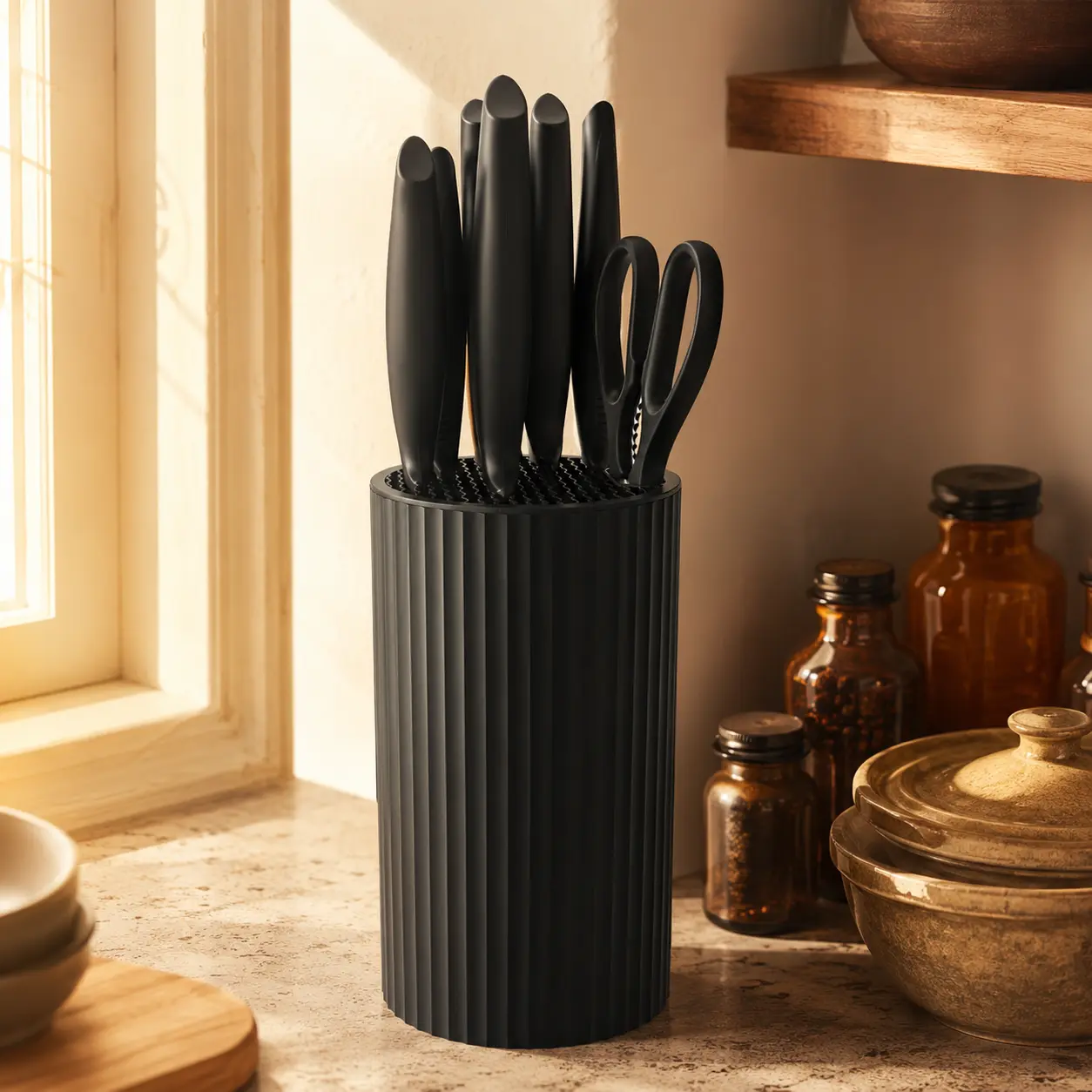 Knife Set, 8-Piece Kitchen Knife Set for Chef, Sharp Knife Set with Universal Knife Block, Anti-Rust Kitchen Knife Block Set, (Black) Stainless Steel Cutting