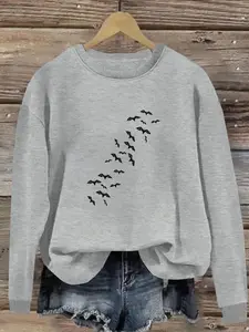 Plus Size, Women's Elegant White Oversized Round Neck Sweater - 260gsm Heavyweight Long Sleeve Casual Pullover with Black Bird Silhouette Geometric Print, Machine Washable Spring/Fall Transitional Swe