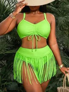 Plus Size Halter Bandeau Bikini Set with Fringed Shorts - Beach Vacation Outfit for Summer