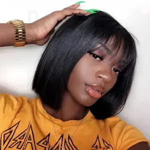 Short Straight Black Wig with Bangs, 12 Inches