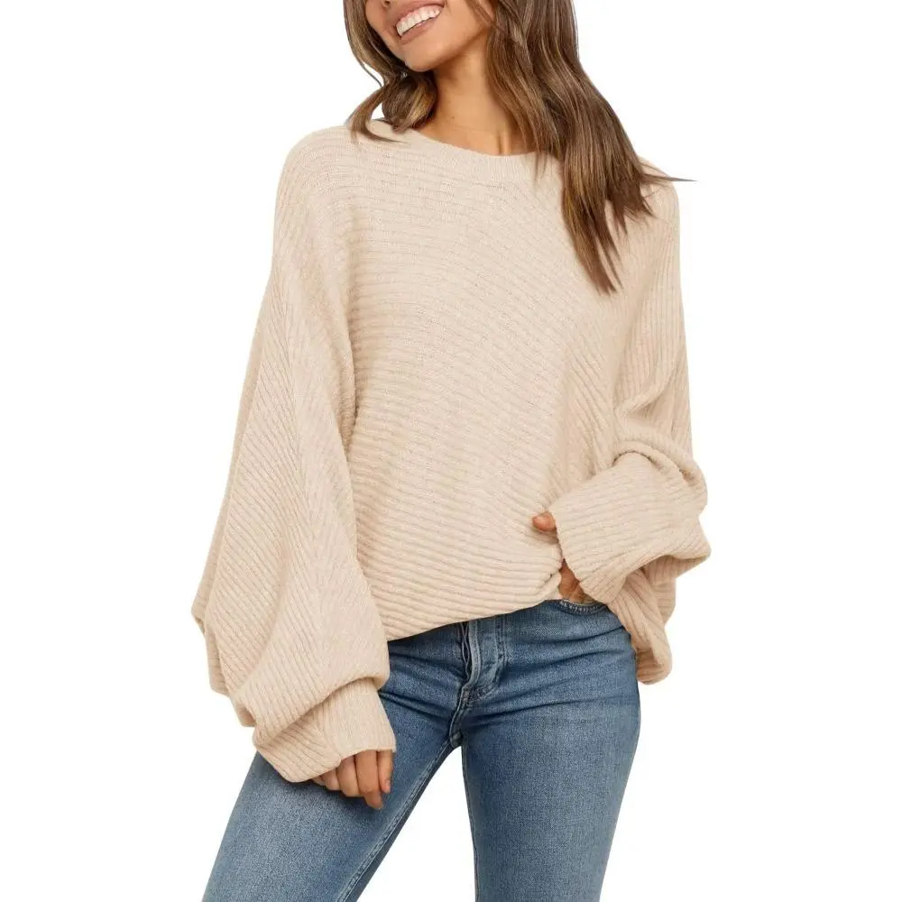 Saodimallsu Women's Oversized Crewneck Knitwear - Baggy Batwing Puff Long-Sleeves Cable Slouchy Pullover, Breathable Fabric, Elastic Fit for Elegant Casual Wear, Round Neck, Longsleeves, Basic, Women's Clothes, Sweaters