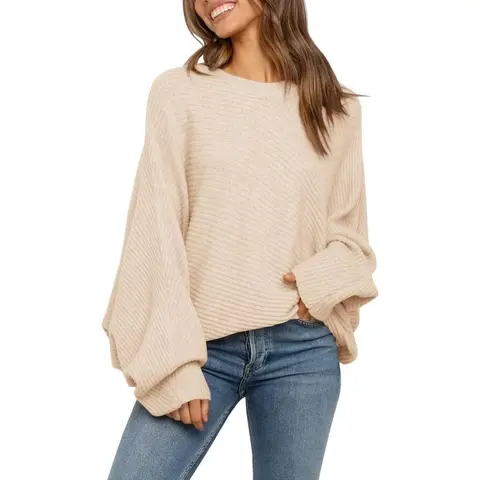 Saodimallsu Lady's Oversized Yarn Knitwear Crew Neck Pullover - Baggy Batwing Puff Long-Sleeve Cable Slouchy Tops, Breathable Elastic Lightweight Fabric, for Elegant Casual Everyday Wear