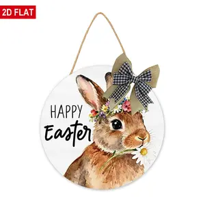 Happy Easter Door Decorations Bunny Flower Easter Spring Wood Door Hanger Wreath Sign for Home Farmhouse Office Front Door Wall Hanging Sign, 12 inch Round Door sign