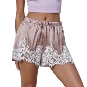 Mini Summer Lace Satin Shorts Lace Trim Casual Shorts for Women Beach Daily Wear