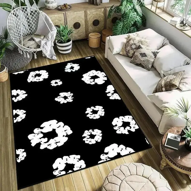 Handmade Tufted Denim Cozy Area Rug - Small T-Tears Black & White Flower Pattern Decorative Antislip Rug for Living Room, Entrance Decor