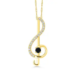 Gem Stone King 0.25Ct Round Black Onyx E-F Lab Grown Diamond 10K Yellow Gold Pendant with Chain