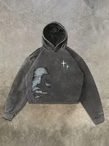 Men's Short Hooded Sweatshirt, Heavyweight Cotton Washed Vintage Finish, Trendy Graphic Print, Oversized Drop Shoulder Cut, Street Style Fall Winter