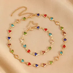 NOKMIT Colorful Heart-Shaped Rhinestone Necklace and Bracelet,Polynesian style necklace,2-piece set,Dopamine style,Simple Elegance Sweet Women's Party Accessory, Versatile fashion accessories,Heart-shaped necklaces and bracelets,chain