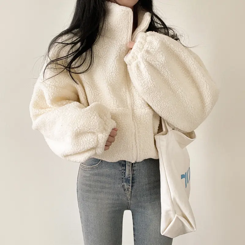 Women's 2026 New Lantern-Style Stand-Collar Zip-Up Cropped Teddy Fleece Outerwear - Oversized Long-Sleeve Loose Sherpa Coat, Comfortable Warm Casual Fall Winter Tops That Fits Everyday Wear