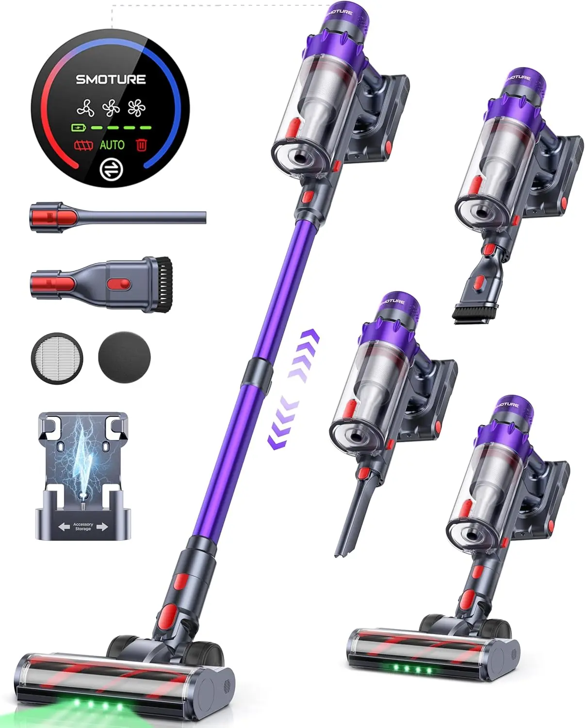 SMOTURE Cordless Vacuum Cleaner, 550W 45KPA 60 Mins Runtime Vacuum Cleaners for Home, Stick Vacuum with Self-Standing, Wall Mount Charging and Intelligent Auto Mode, Handheld Vacuum for Pet Hair/Carpet/Floor