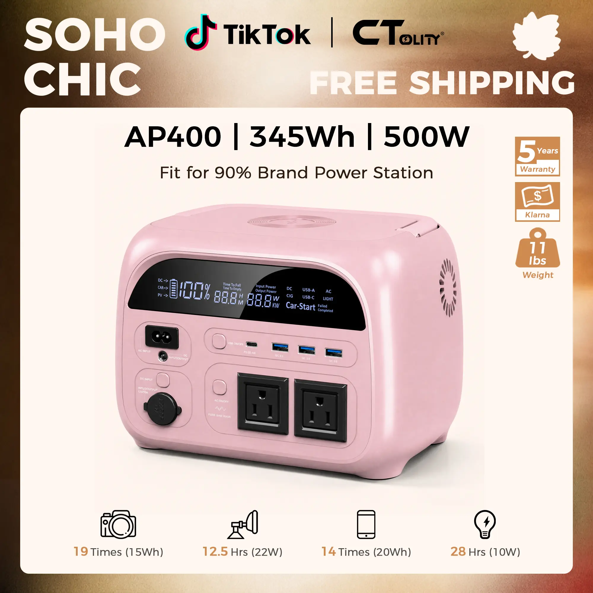 [SohoChic] CTOLITY AP400 Soft Pink 500W 346Wh Portable Power Station Solar Generator-Fast-Charging Backup Battery for Home Emergencies, Camping, Phone Power Needs, solar powered generators, back to school haul, [Power Outage Survival], TiktokShopStockup