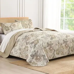 Floral Set Queen Size 3 Pieces Vintage Flower Bedspread with Pillow Shams Soft Microfiber Coverlet Bedding Set Reversible Bed Cover for All Neutral