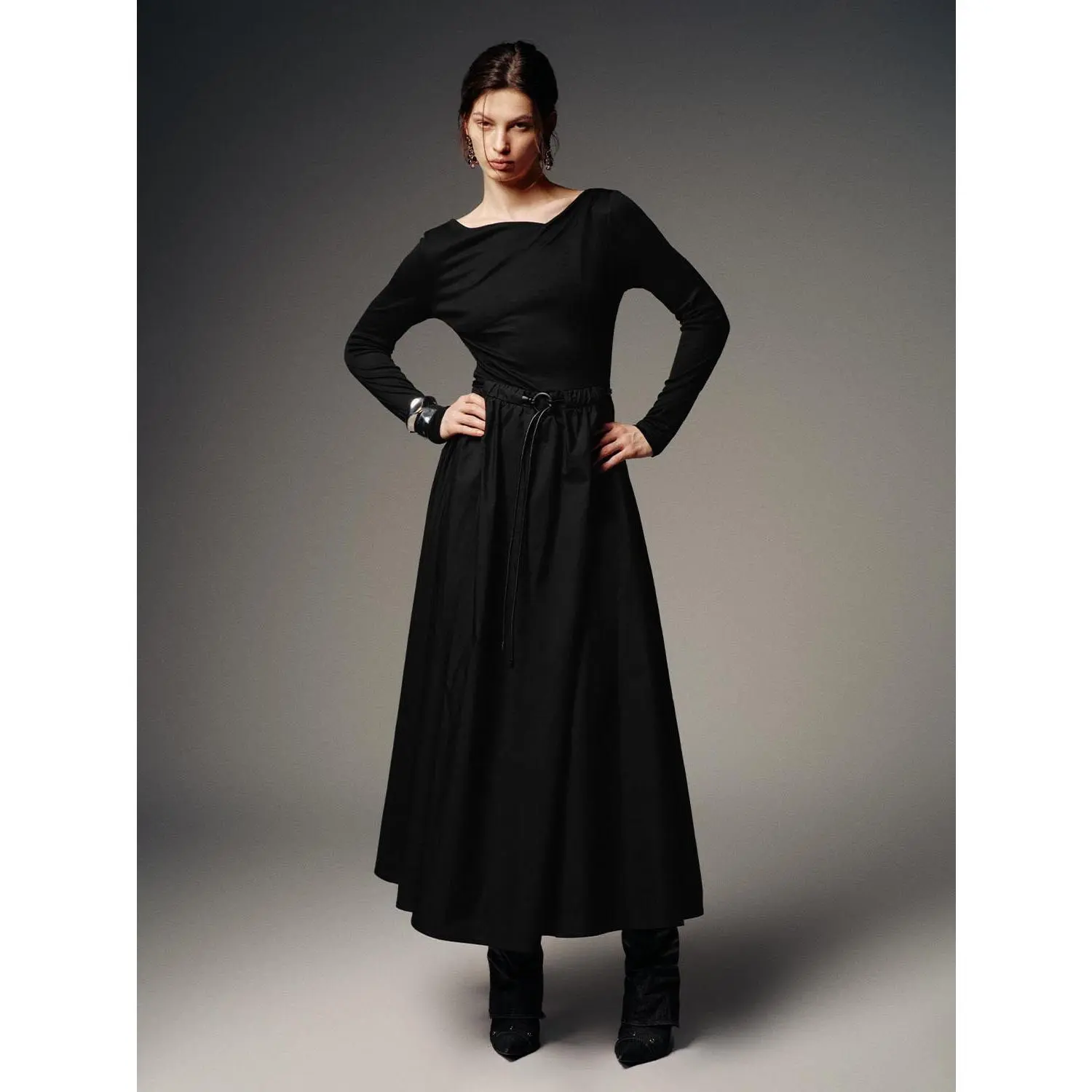 URBAN REVIVO 2026 Spring Women's Basic Longsleeve Bodycon Dress - Metal Buckle Belt, Thin Woven Viscose Knitted Sleeve Polyester Blend Elastane Fabric, Casual Wear, Cold Wash Only, Belted, Knitting, Long Length, Sheath, Belted Casual Dresses, Clothes