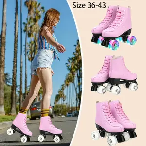 Pink Roller Skate Shoes PU Leather Roller Skates Skating Shoes Sliding Inline Quad Skates Sneakers 4 Wheels Flash Wheel Sneakers Women