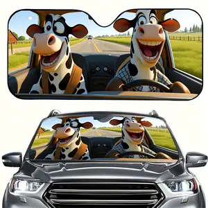 Cartoon Cow Couple Car Sunshade, UV Protection, Foldable Polyester, Fits Rvs and Suvs, Universal Fit, All-Season Use, Front Windshield Protector