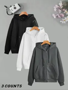 Women's Solid Drop Shoulder Zip Up Hoodie, Fashion Casual Drawstring Pocket Hooded Sweatshirt for Daily Holiday Outdoor Wear, Women Clothing for Fall & Winter