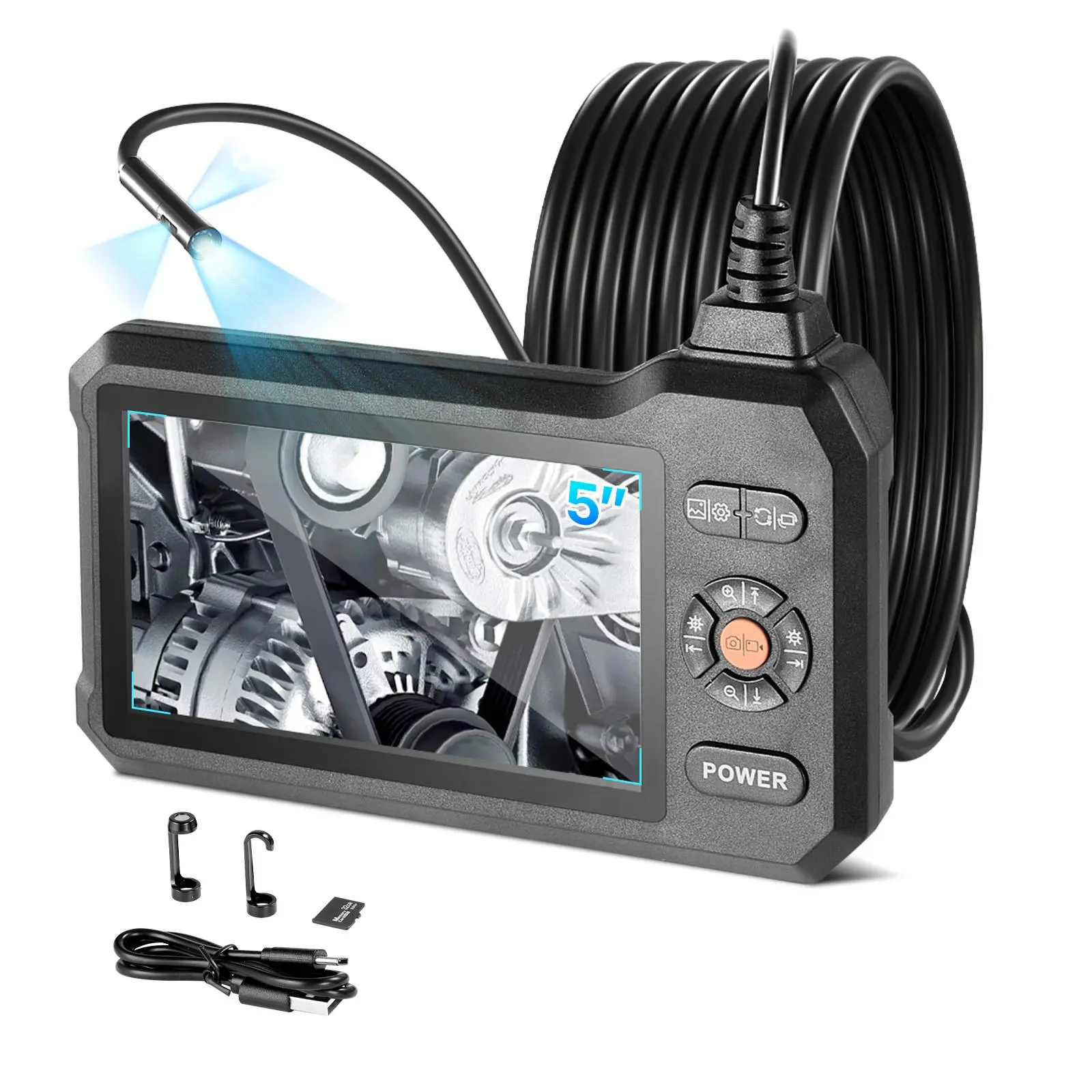 VEVOR Triple Lens Endoscope with Light, 5" HD IPS Screen Industrial Borescope, 1280 x 720 Lens, 8 + 2 LEDs, 8X Zoom, IP67 Waterproof Inspection Snake Camera for Auto, Plumbing (16.4FT Rigid Cable)
