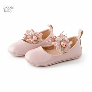 Global Baby Girl Premium PU Flats Infant Flower First Walker Crib Shoes for Party, Kids Girls Princess Shoes, Base Bright Dot Print Mesh Flats Non-Slip  Festival, Baby Shower
