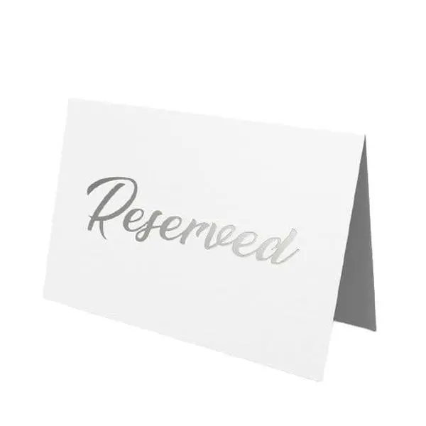 25 Pack Silver Reserved Table Cards with Foil Lettering - Wedding Seating Signs, Chair or Pew Markers, Double-Sided Tent Cards, 5.5"x3"