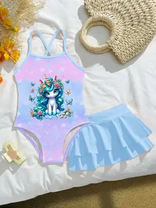 Girls' Sweet Unicorn One-Piece Swimsuit Set, Dream Gradient Halter Top & Pleated Skirt, Summer Beachwear Two-Piece
