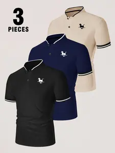 3pcs Men's Short Sleeve Polo Shirts With Horse, Animal Graphic Print And Contrasting Details, Classic Business Casual Printed Collared Button Design, Casual Half Zip Summer Men'S Everyday Wear, Perfect for Golf, Business, Casual