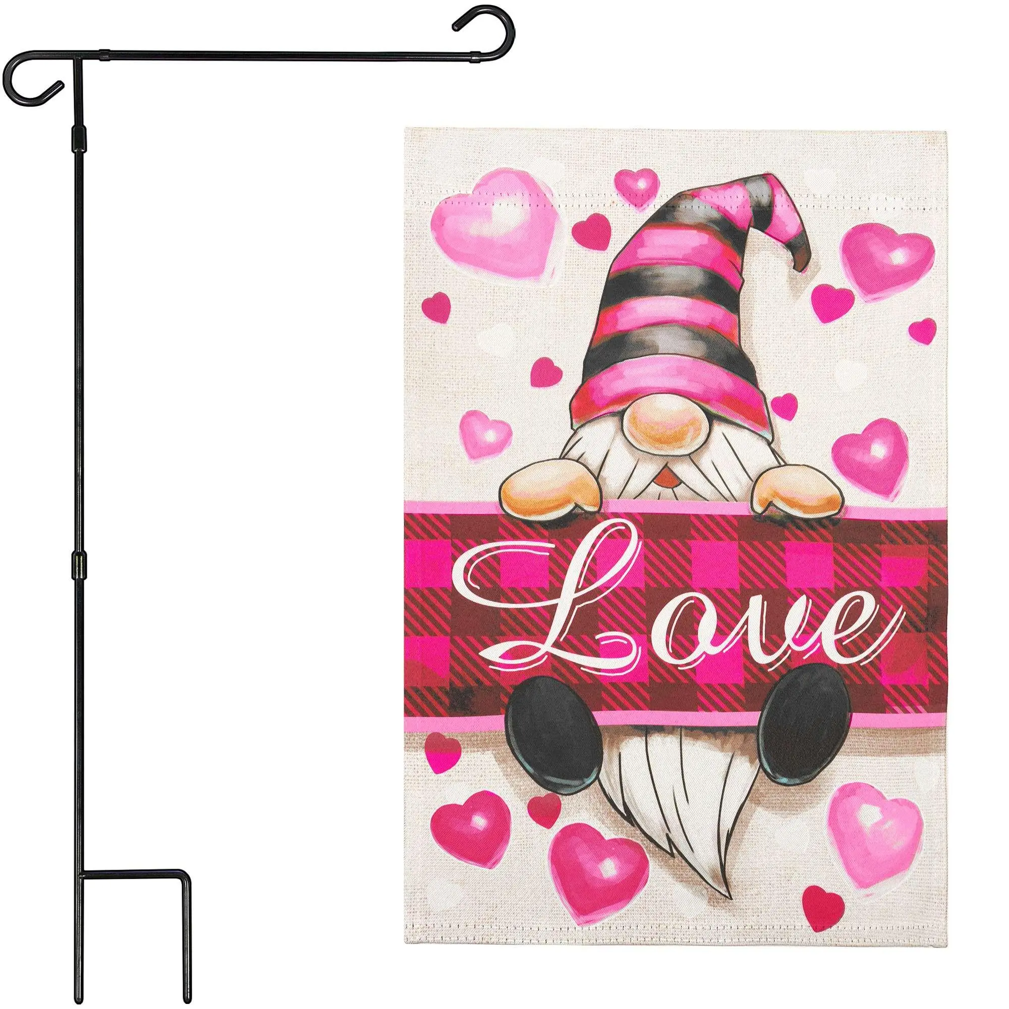 G128 Combo Pack: Garden Flag Stand 36x16IN & Garden Flag Happy Valentine's Day Love Gnome Printed 12x18IN Double Sided