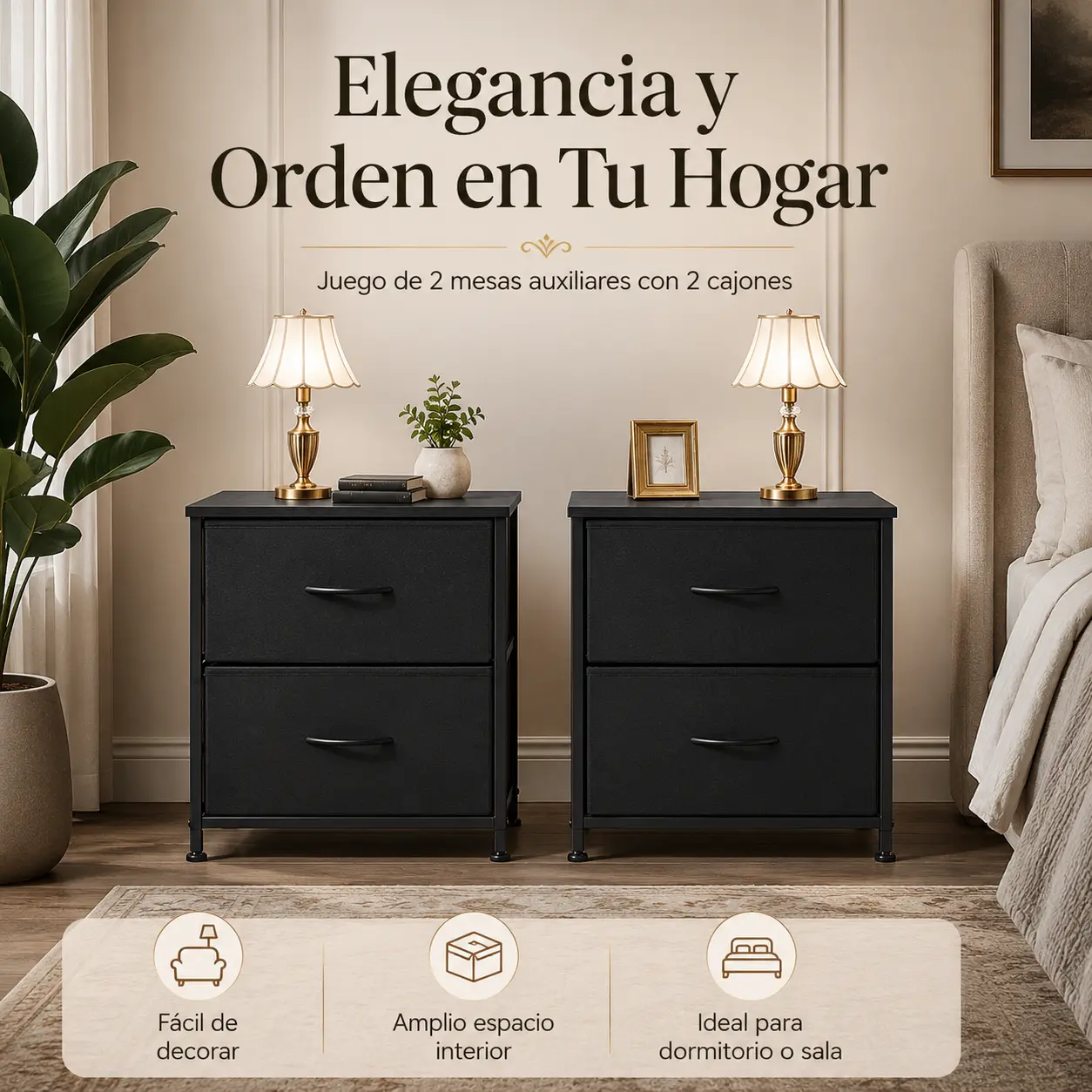 Mesita de Noche Blanca con 2 Cajones, Cómoda Pequeña y Juego de Mesitas, Cajones de Tela para Dormitorio, Sala de Estar, Almacenamiento Infantil, Mesa Auxiliar, Set 2 Piezas, Mueble Lateral y Organizadores