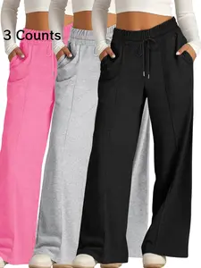 Women's High Waist Drawstring Wide Leg Pants, Casual Elastic Waist Long Trousers with Pockets, All Seasons Wearable Home Clothes，Women's Affordable Pajamas, Loungewear