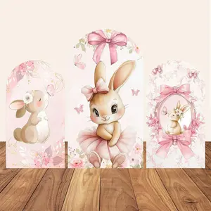 Easter Bunny Rabbit One Birthday Arch Backdrop Cover Pink Dress Floral Bowknot Sweetheart Girl Cake Party Decor Photo Wall