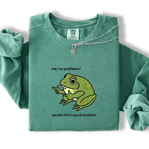 Comfort Colors Funny Frog Sweatshirt, No Problemo Meme Pullover, Cute Sarcastic Animal Graphic Crewneck, Relatable Humor Gift for Frog Lovers