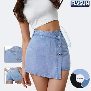 Flvsun- Jean Skorts for Woman Trendy High Waisted Stretchy Y2k Mini Skirt Denim Shorts Skort Womenswear Bottom Basic Fitted Light Blue Minimalist jean shorts sweat shorts baggyjorts Palda
