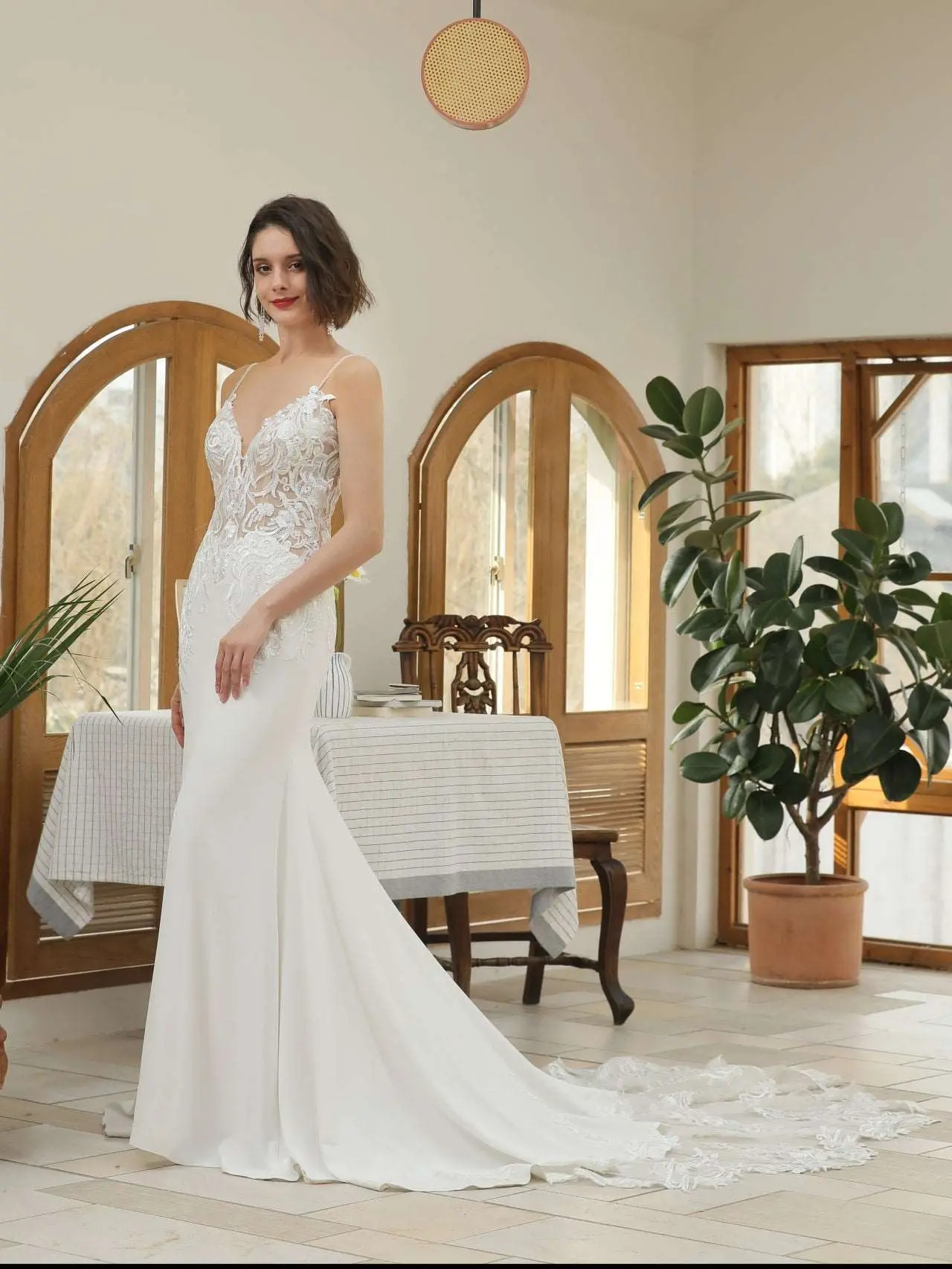 Women's Sleeveless Beaded-Strap Floral Lace Crepe Fit-and-Flare Wedding Dress, Evelyn | Women's Clothes
