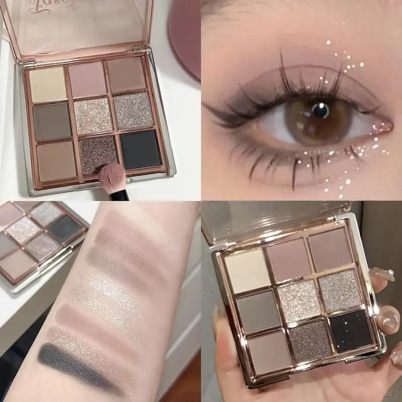 9-color eyeshadow palette - smoky gray, brown, and pink tones, featuring both matte and shimmer finishes. A versatile eyeshadow palette suitable for various makeup looks, an essential cosmetic, perfect as a Christmas gift.