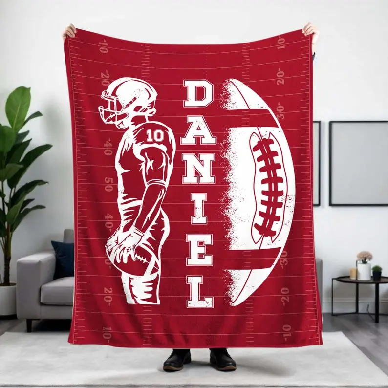 Personalized Football Throw Blanket Vintage Sports Graphic Flannel Blanket Soft Cozy Football Player Blanket for Couch Bed Game Day Fan Gift