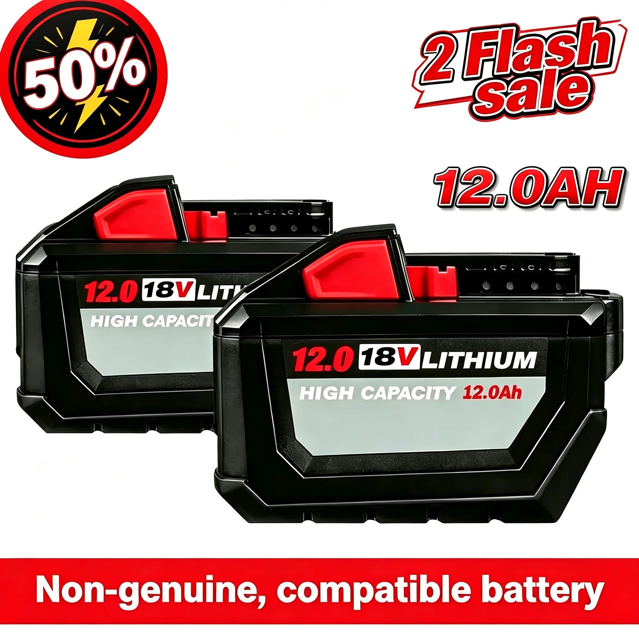 2PCS 12.0Ah Replacement  for Milwaukee 18V M18 Lithium-Ion Battery, Compatible with 48-11-1850/1860/1880, High Capacity Extended Runtime Battery Pack with LED Indicator & Protection System, 2-Pack