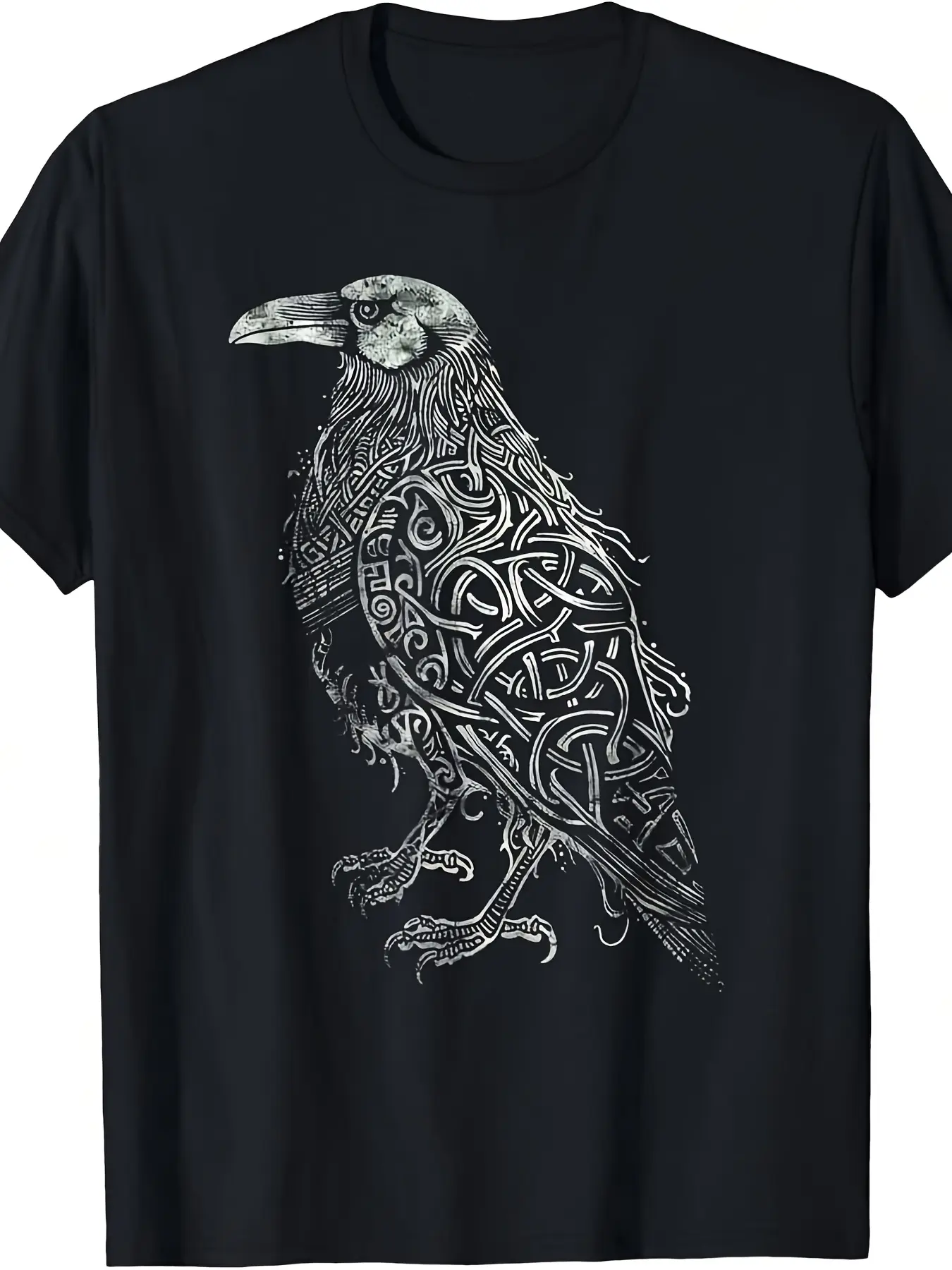 Men'S Vintage-Inspired Crow Design T-Shirt -  Cotton, Round Neck, Short Sleeve, Intricate Knotwork Art, Casual All-Season Wear, Perfect Gift for Adults, Casual Wear Tee| Vintage Style Shirt| Detailed Print Tee