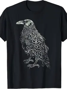 Men'S Vintage-Inspired Crow Design T-Shirt - 100% Cotton, Round Neck, Short Sleeve, Intricate Knotwork Art, Casual All-Season Wear, Perfect Gift for Adults, Casual Wear Tee| Vintage Style Shirt| Detailed Print Tee