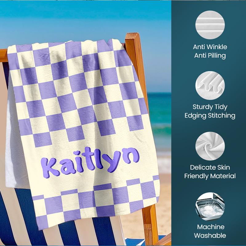 Personalized Striped Checkered Beach Towel, Custom Name Colorful Summer Pool Towel for Kids