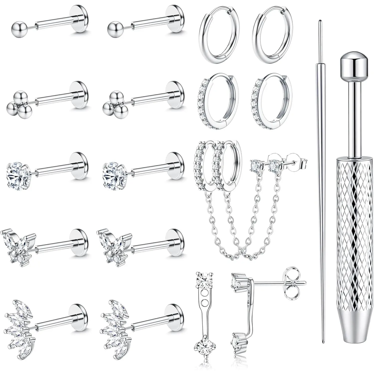 Trendy 16G/18G/20G Flat Back Earrings for Women Threadless Surgical Steel Stud Hoop Earrings Push in Nose Studs Hypoallergenic CZ Cartilage Earring Set Labret Helix Tragus Conch Piercing Jewelry