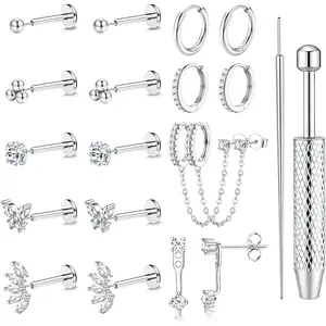 Trendy 16G/18G/20G Flat Back Earrings for Women Threadless Surgical Steel Stud Hoop Earrings Push in Nose Studs Hypoallergenic CZ Cartilage Earring Set Labret Helix Tragus Conch Piercing Jewelry