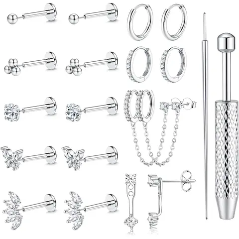 Women's Hypoallergenic Surgical Steel Flat Back Body Jewelry Set (16G-18G-20G) - Threadless Push-In CZ Studs, Hoops, Nose, Labret, Helix Pieces (Heart&Star) - 24/7, Casual Wear, Christmas, Birthday Gifts