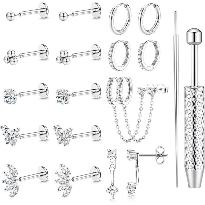 Women's Hypoallergenic Surgical Steel Flat Back Body Jewelry Set (16G-18G-20G) - Threadless Push-In CZ Studs, Hoops, Nose, Labret, Helix Pieces (Heart&Star) - 24/7, Casual Wear, Christmas, Birthday Gifts