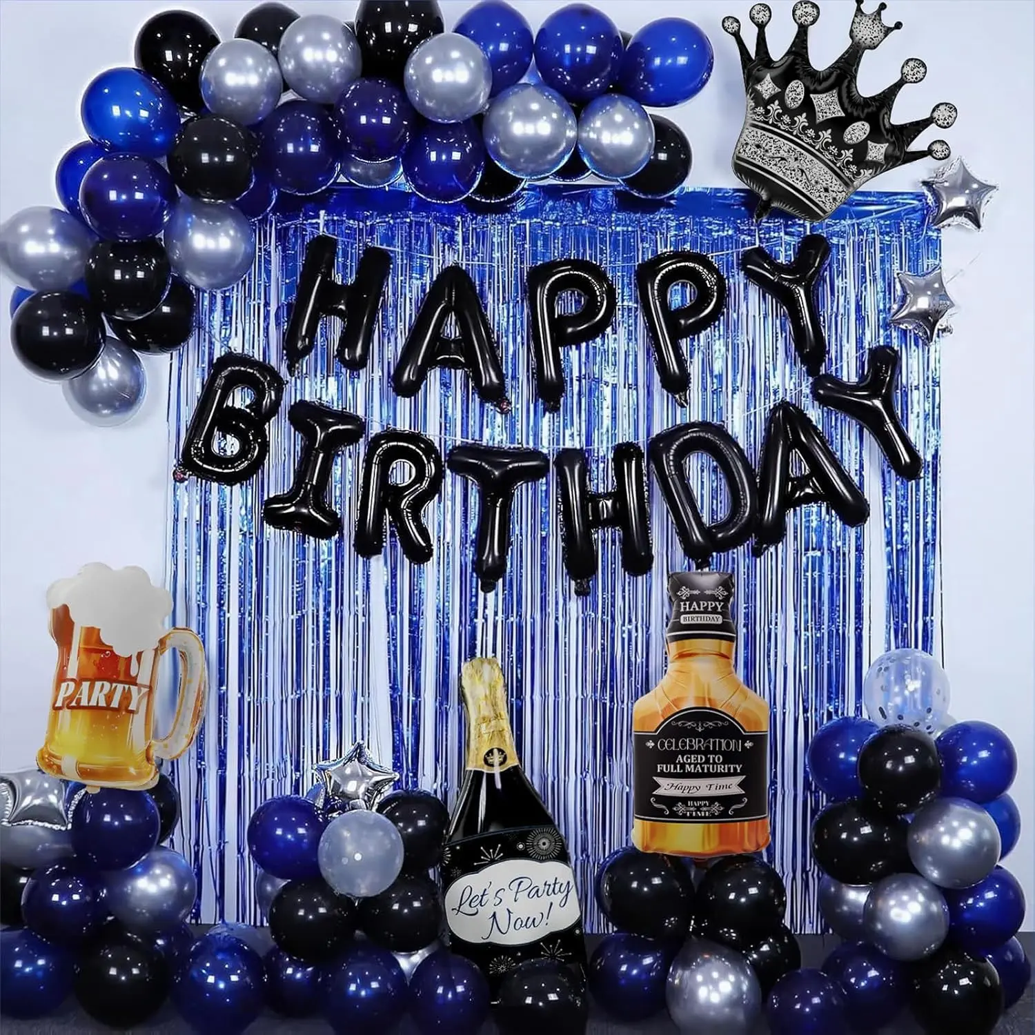 Male Blue & Black Solid 82-Piece All-Inclusive Birthday Decoration Set - Banner, Fringe Curtains, Foil Balloons, Latex Balloons, Star Garland for 21st, 30th Celebrations