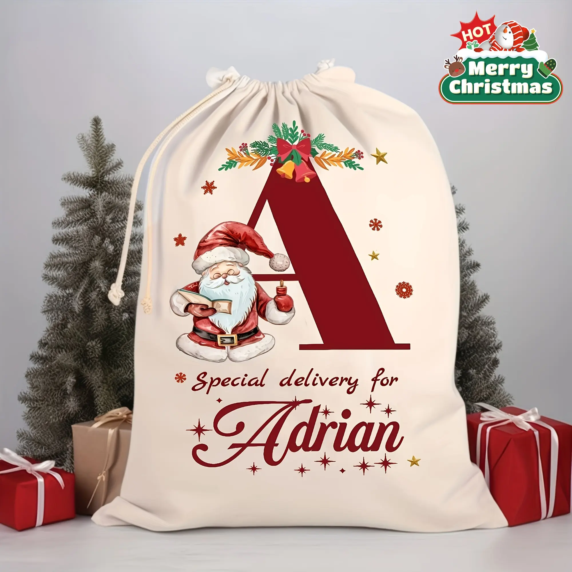 Custom Christmas Gift Bags with Personalized Names, Extra Large Drawstring Santa Claus Sack, Cute Style Party Favor Bags, Bulk Christmas Gift Bags for Christmas, Perfect For Christmas Gifts, Christmas Gift Bags