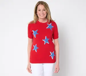 Denim & Co. 100% Cotton Short Sleeve Intarsia Sweater