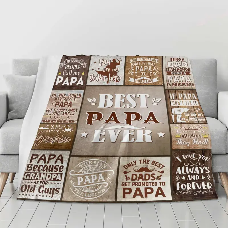 Soft Funny Flannel Throw Blanket, Best Papa Ever Gift with Inspirational Quote & Retro Wood Print, Warm Fuzzy Plush, Machine Washable, Perfect for Father's Day Birthday Christmas for Dad Men Bedroom Sofa Decor, Machine Wash