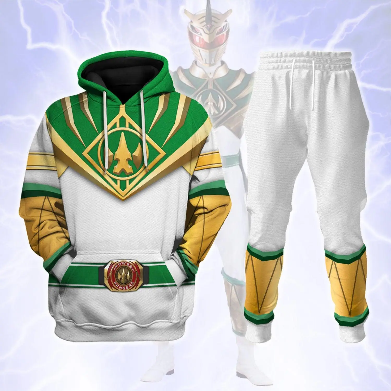 Green White Gold Hero Hoodie and Jogger Set, Dragon Armor Graphic Tracksuit, Fantasy Warrior Costume Matching Two Piece Outfit